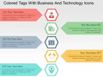 Colored tags with business and technology icons flat powerpoint design