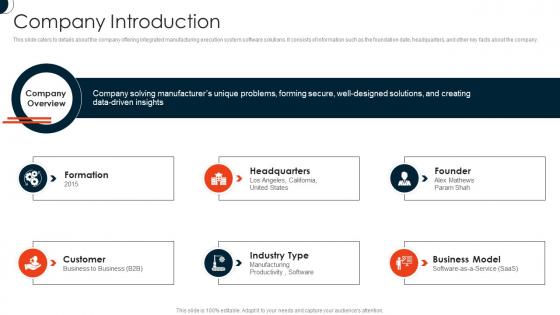 Company Introduction Manufacturing Automation Software Company Investor Funding Elevator Pitch Deck