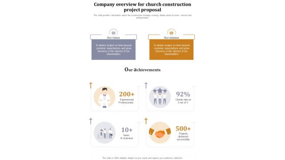 Company Overview For Church Construction Project Proposal One Pager Sample Example Document