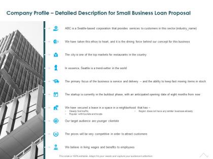 Company profile detailed description for small business loan proposal ppt pictures