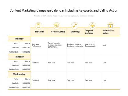 Content marketing campaign calendar including keywords and call to action