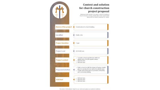 Context And Solution For Church Construction Project Proposal One Pager Sample Example Document