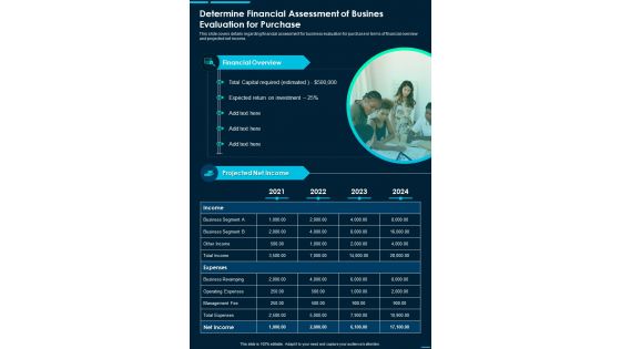 Corporate Buying Determine Financial Assessment Of Business Evaluation One Pager Sample Example Document