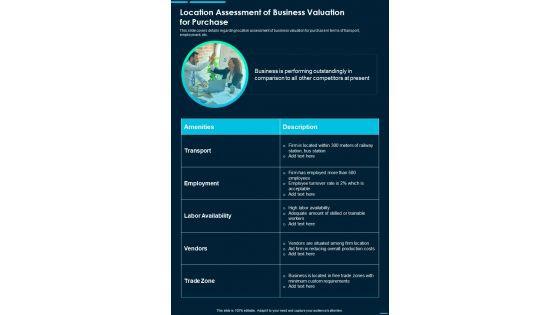 Corporate Buying Location Assessment Of Business Valuation For One Pager Sample Example Document