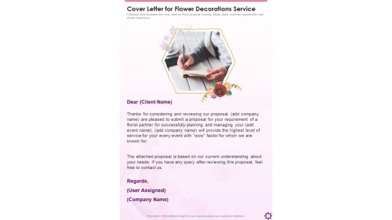 Cover Letter For Flower Decorations Service One Pager Sample Example Document