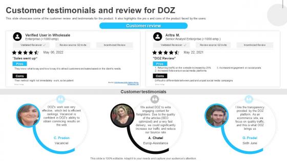 Customer Testimonials And Review For DOZ Investor Elevator Pitch Deck