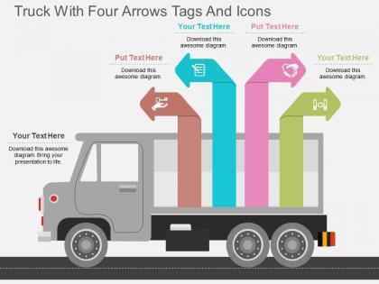 De truck with four arrows tags and icons flat powerpoint design