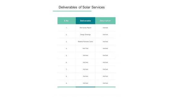 Deliverables Of Solar Services Solar Proposal Template One Pager Sample Example Document