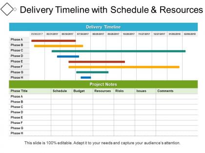 Delivery timeline with schedule and resources