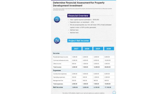 Determine Financial Assessment For Property Development Investment One Pager Sample Example Document