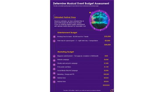 Determine Musical Event Budget Assessment One Pager Sample Example Document