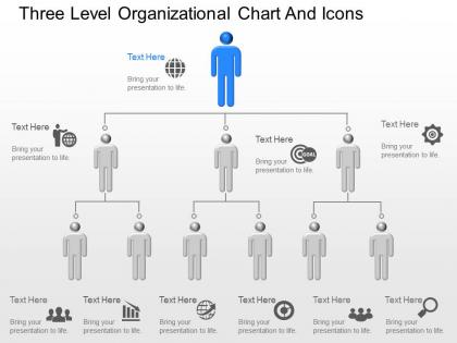 Dm three level organizational chart and icons powerpoint template