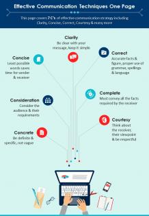 Effective communication techniques one page presentation report infographic ppt pdf document