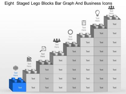 Eight staged lego blocks bar graph and business icons powerpoint template slide