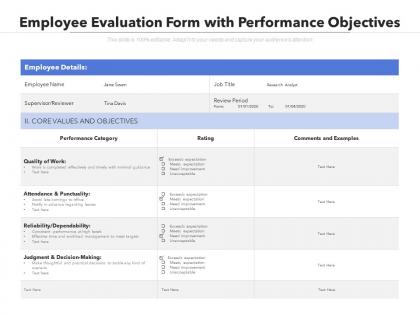 Employee evaluation form with performance objectives