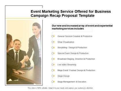 Event marketing service offered for business campaign recap proposal template presentation slides