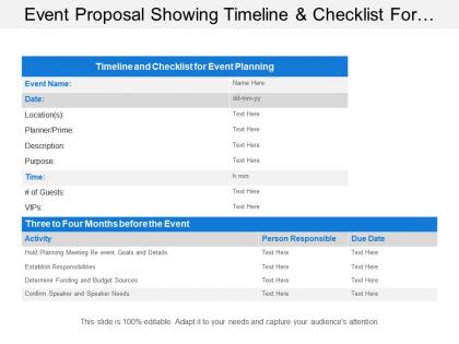 Event proposal showing timeline and checklist for event planning