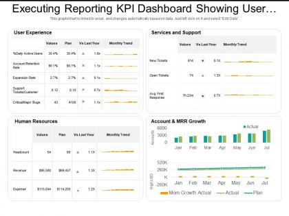 Executing reporting kpi dashboard showing user experience and human resources