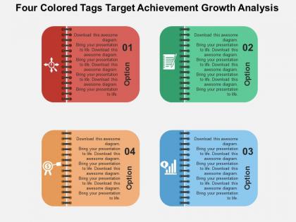 Fb four colored tags target achievement grwth analysis flat powerpoint design