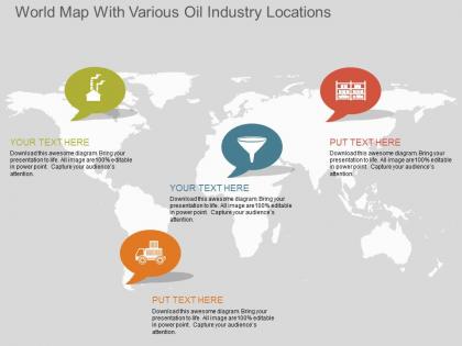 Fe world map with various oil industry locations flat powerpoint design