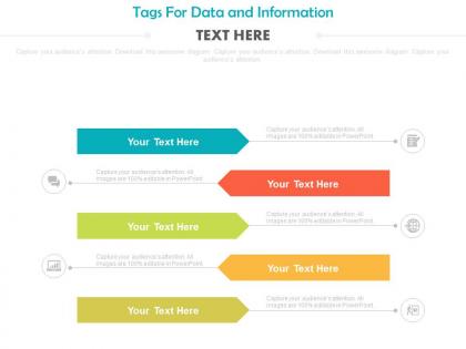 Five colored tags for data and information powerpoint slides