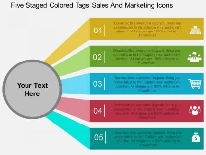 Five staged colored tags sales and marketing icons flat powerpoint design