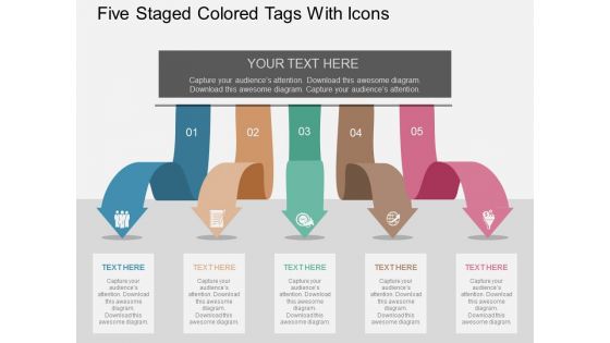 Five staged colored tags with icons flat powerpoint design