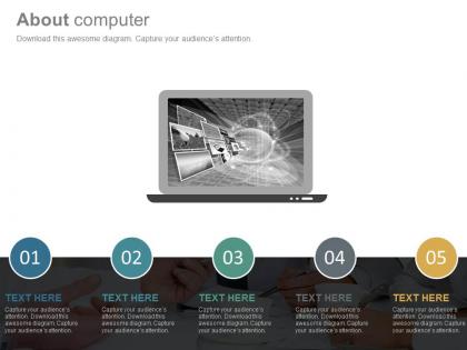 Five staged computer tags for about us indication powerpoint slides