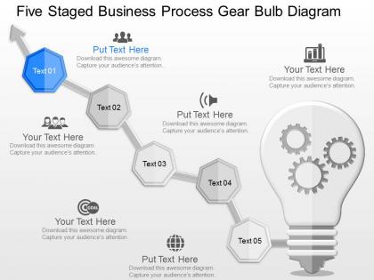 Fn five staged business process gear bulb diagram powerpoint template