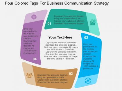 Four colored tags for business communication strategy flat powerpoint design