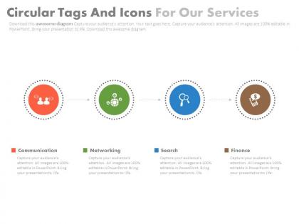 Four staged circular tags and icons for our services powerpoint slides