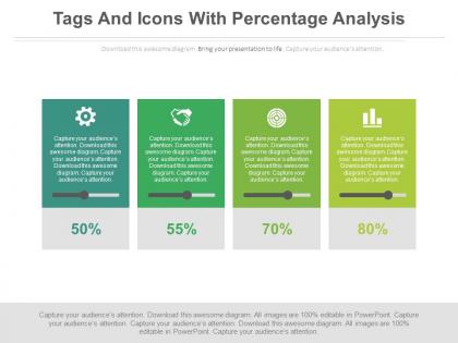 Four tags and icons with percentage analysis powerpoint slides