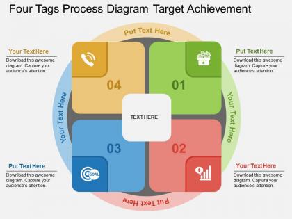 Four tags process diagram target achievement flat powerpoint design