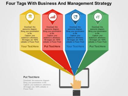 Four tags with business and management strategy flat powerpoint design