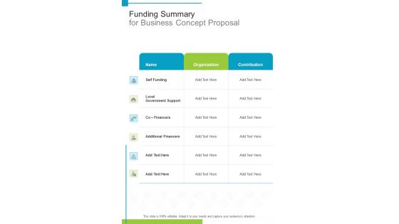 Funding Summary For Business Concept Proposal One Pager Sample Example Document