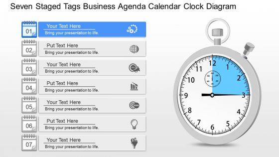 Gm seven staged tags business agenda calendar clock diagram powerpoint template