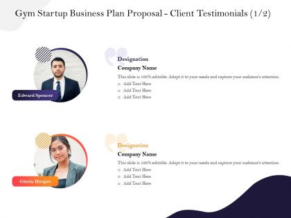 Gym startup business plan proposal client testimonials m2941 ppt powerpoint presentation file