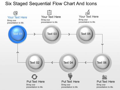 Hb six staged sequential flow chart and icons powerpoint template