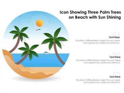 Icon showing three palm trees on beach with sun shining