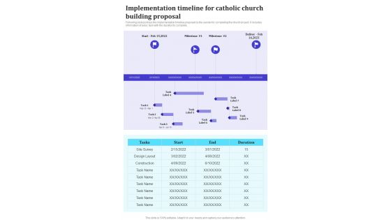 Implementation Timeline For Catholic Church Building Proposal One Pager Sample Example Document