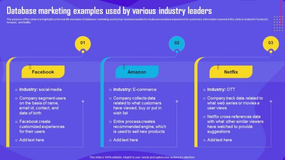 Improving Customer Engagement Database Marketing Examples Used By Various Industry MKT SS V