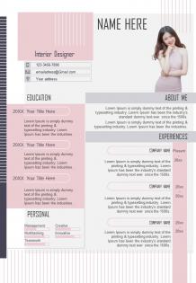 Interior designer curriculum vitae template with achievements and skills