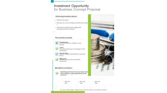 Investment Opportunity For Business Concept Proposal One Pager Sample Example Document