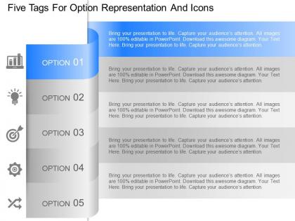 Ir five tags for option representation and icons powerpoint template