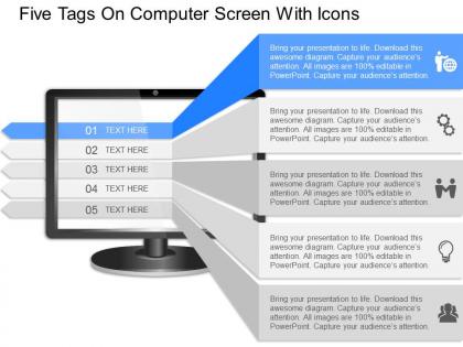 Iz five tags on computer screen with icons powerpoint template