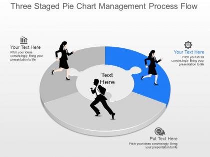 Js three staged pie chart management process flow powerpoint template