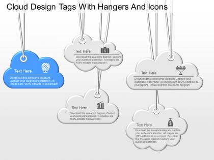 Ju cloud design tags with hangers and icons powerpoint template