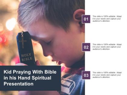 Kid praying with bible in his hand spiritual presentation