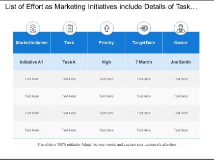 List of effort as marketing initiatives include details of task owner name and target date