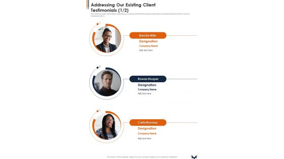 Management Effectiveness Addressing Our Existing Client Testimonials One Pager Sample Example Document